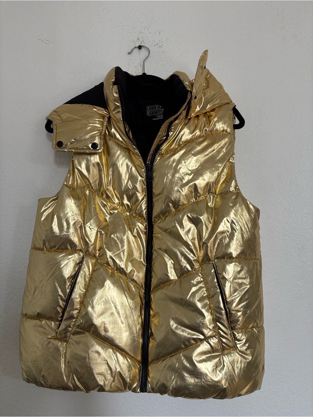 Metallic Gold Puffer Vest with Hood - Love Sports